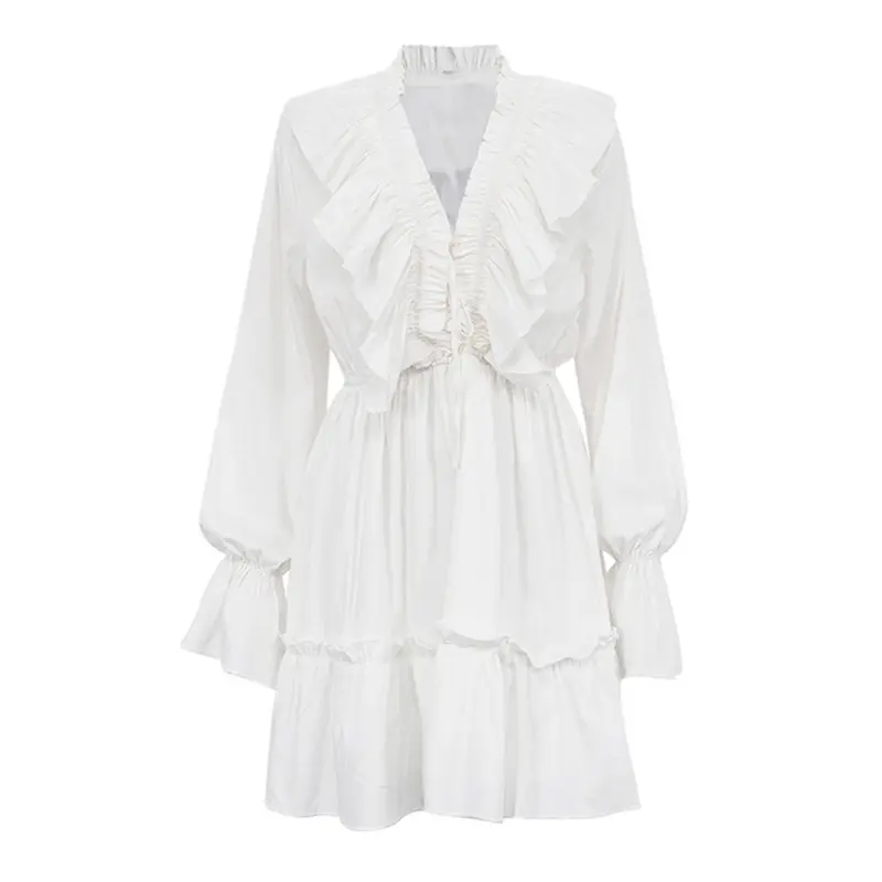 Elegant High-Waist Pleated Deep V-Neck Bell Sleeve Dress