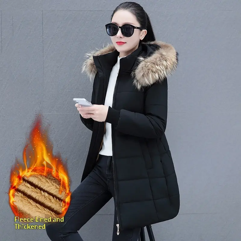 Warm Women’s Mid-Length Padded Coat with Detachable Hood and Fur Collar