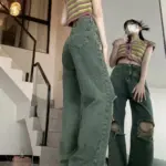 dc79bfe4-fb76-4638-9ed3-45c72d9010c2.webp Bold Dark Green Wide-Leg Torn Denim Jeans, High Waist