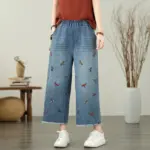 Butterfly Embroidered Loose-Fit Cotton Denim Jeans for Women