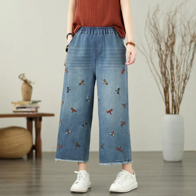 Butterfly Embroidered Loose-Fit Cotton Denim Jeans for Women