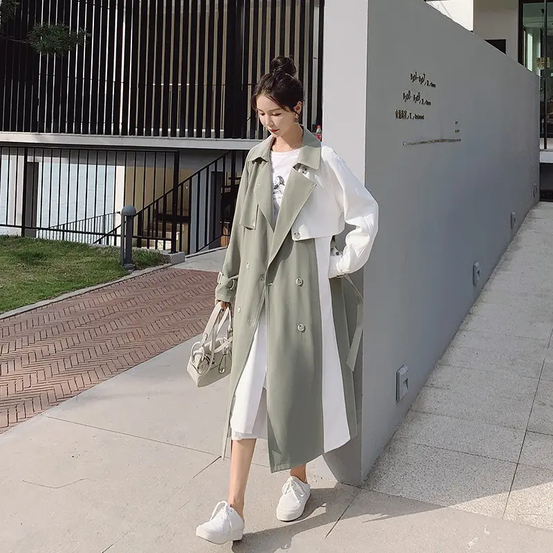 Contrast Color Mid-Length Women’s Trench Coat for S-XL