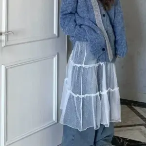 White Lace Half Skirt Sheer Overlay Skirt Layered Hem Skirt Mesh Butt-flattering Long Skirt