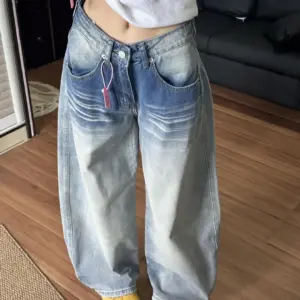 Distressed Denim Wide-Leg Tapered Pants for Women - 7017 Blue