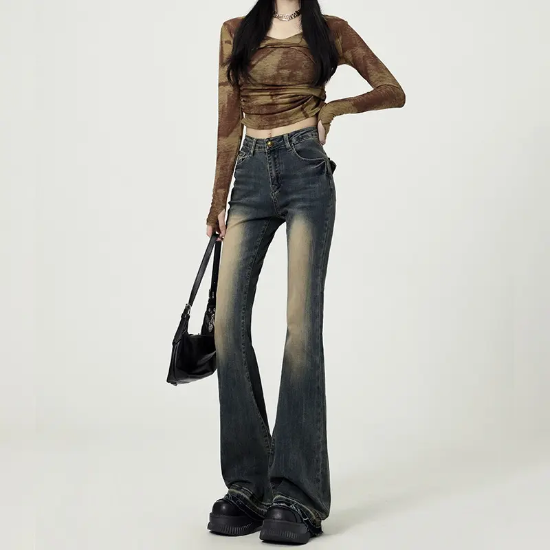 Retro Washed High-Waist Flared Jeans For Women Retro Washed High-Waist Flared Jeans For Women