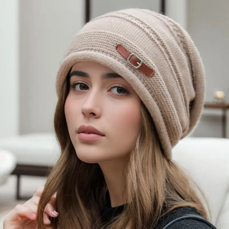 Warm Breathable Knit Wool Beanie for Women, Striped Warm Breathable Knit Wool Beanie for Women, Striped