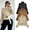 Notch-collar Short Trench Coat For Women With Belt Buckle Detailing Notch-collar Short Trench Coat For Women With Belt Buckle Detailing