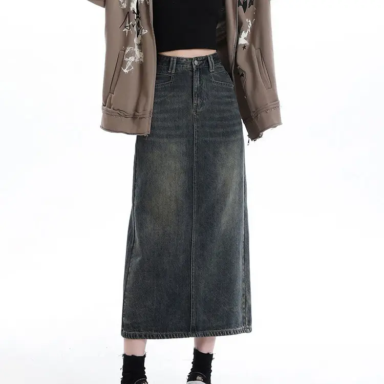 High-Waisted A-Line Denim Skirt for Retro Korean Style