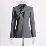 Lace-Up V-Neck Single-Breasted Gray Blazer for Women