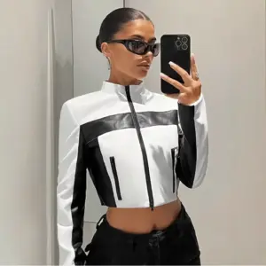 Lightweight Black & White Faux Leather Coat - Zipper Slim Fit