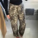 High-Waist Wide-Leg Leopard Jeans with Rhinestone Details
