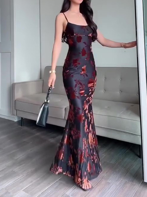 Black Flocked Strappy Maxi Dress Slim Fit with Elastic Comfort Black Flocked Strappy Maxi Dress Slim Fit with Elastic Comfort