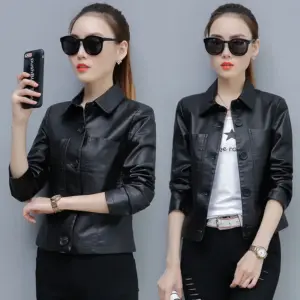Slimming Fit Ladies Motorcycle Leather Jacket - PU PU in Black