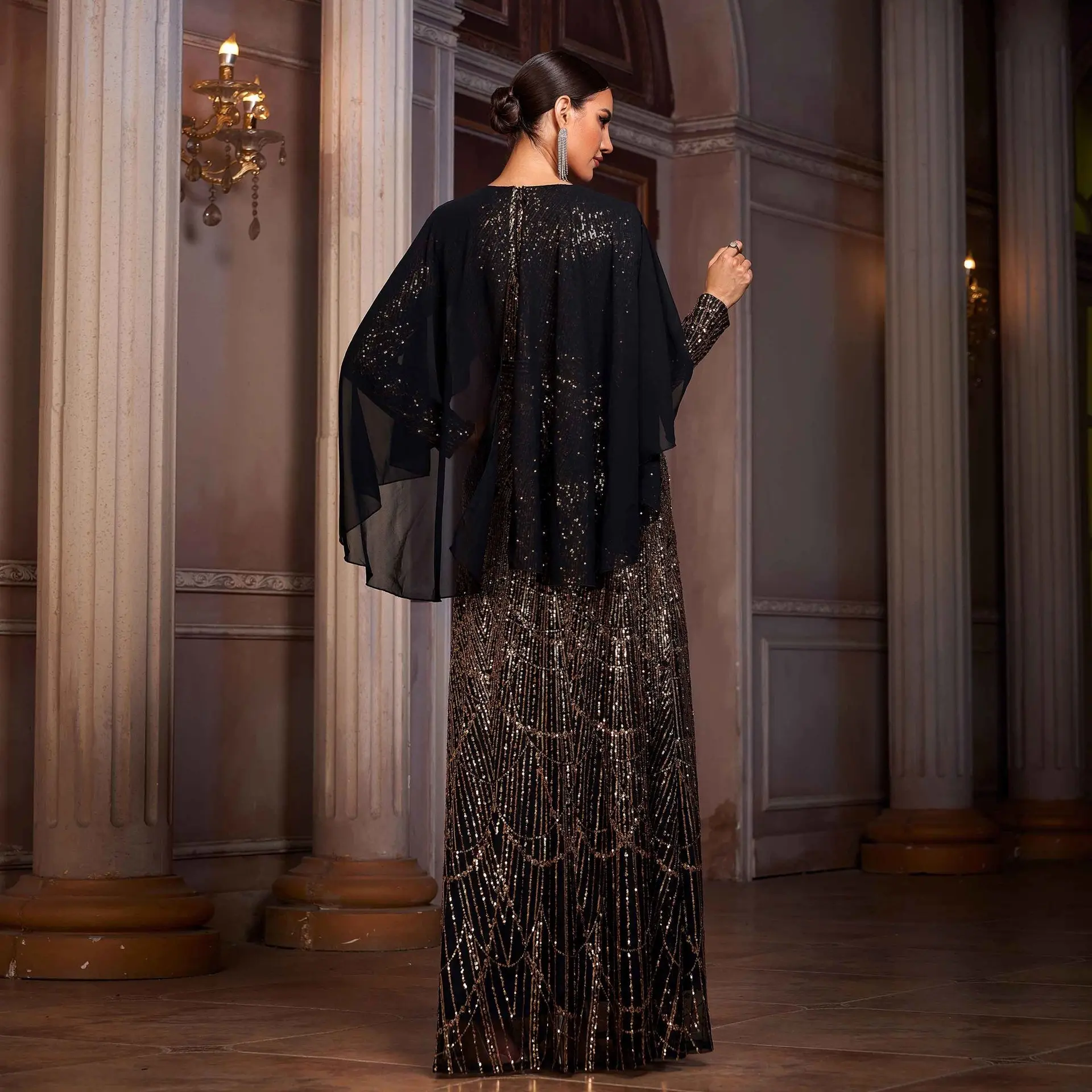 Statement Sequined A-Line Evening Dress with Long Sleeves Statement Sequined A-Line Evening Dress with Long Sleeves