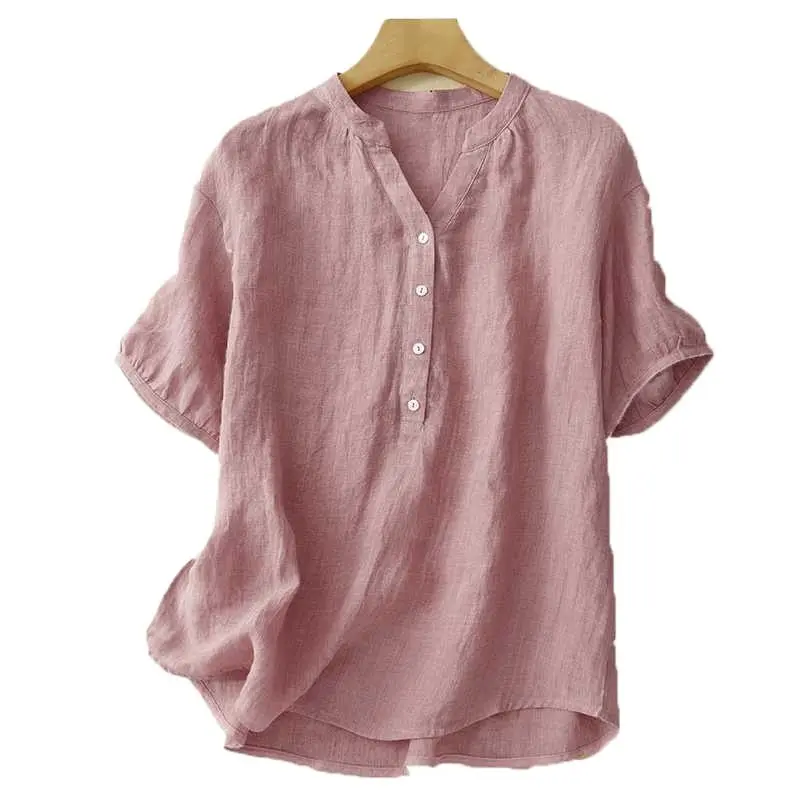 Artistic Retro Cotton-Linen Short-Sleeve Shirt with Splicing