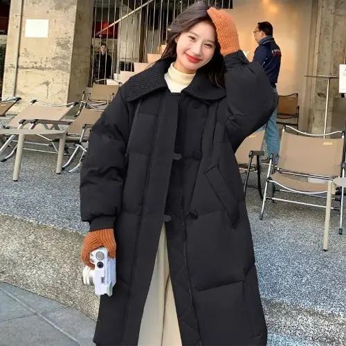 Warmth-Focused Long Cotton Padded Coat with Turn-Down Collar