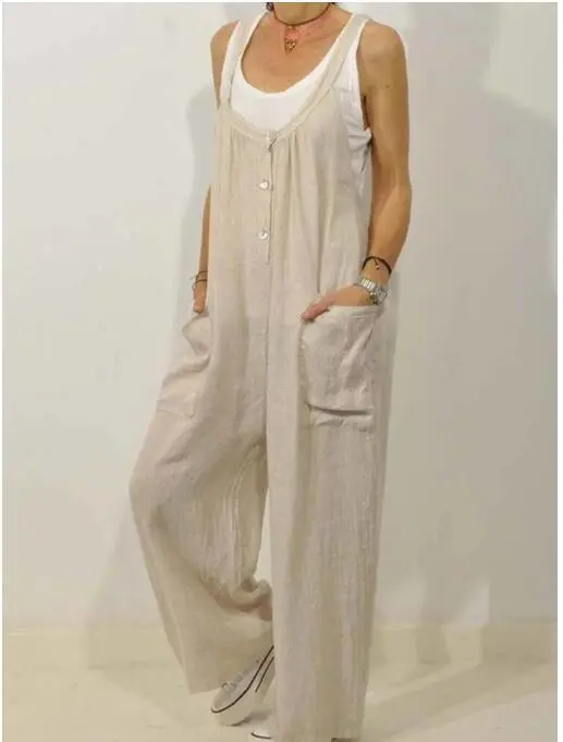 Pocket Solid Color Elastic Button Romper