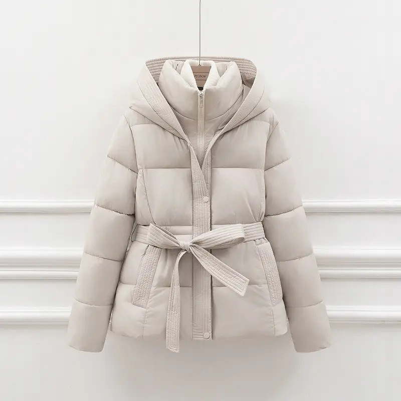 Women’s Slim-Fit Belted Puffer Coat with Hooded Drawstring Women’s Slim-Fit Belted Puffer Coat with Hooded Drawstring