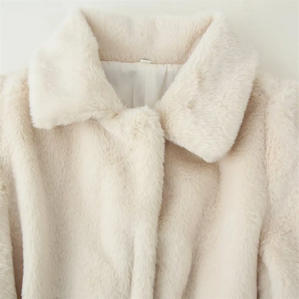 Belt-Effect Slim-Fit Lapel Faux Fur Coat for Women