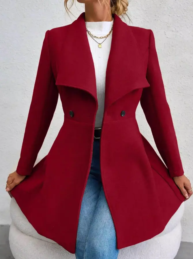 Slim-Fit Long Lapel Wool Coat for Women, Button Front Slim-Fit Long Lapel Wool Coat for Women, Button Front