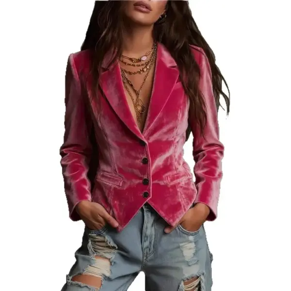 Womens Long-sleeve Shirt-collar Velvet Blazer
