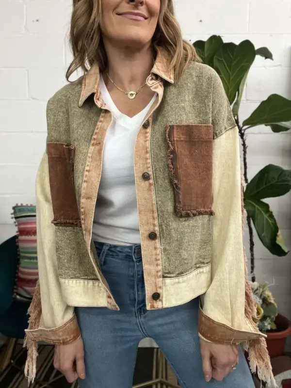 Washed Contrast-Color Fringe Raw-Edge Work Jacket for Women
