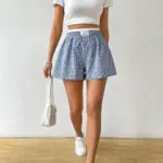 High-Waist Elastic Blue Buttoned Loose Shorts for Women
