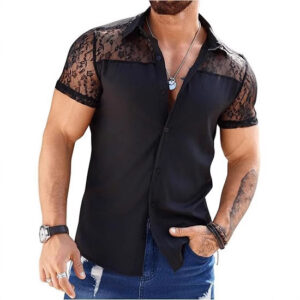 Breathable Black Lace-Patchwork Cardigan Shirt for Men