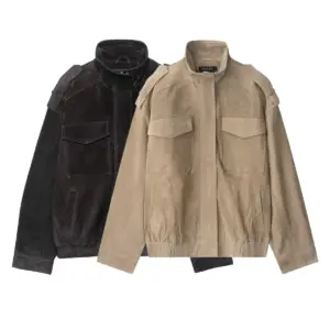 Suede-Texture Leather Coat for Women with Zip Closure