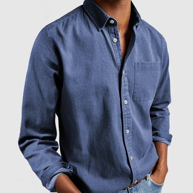 Men’s Long Sleeve Lapel Shirt in Solid Cotton-Blend - Regular Fit Men’s Long Sleeve Lapel Shirt in Solid Cotton-Blend - Regular Fit