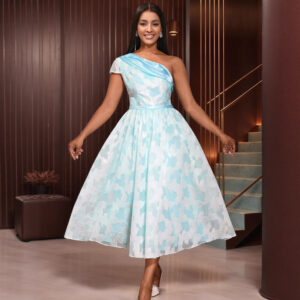 Women's Oblique Shoulder Contrast Color Evening Dress Jacquard Elegant Dress