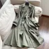 Thin Stretch Linen Slimming A- Line Long Trench Coat For Women