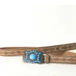 Vintage Embossed Alloy Buckle Belt with Blue Turquoise Accent