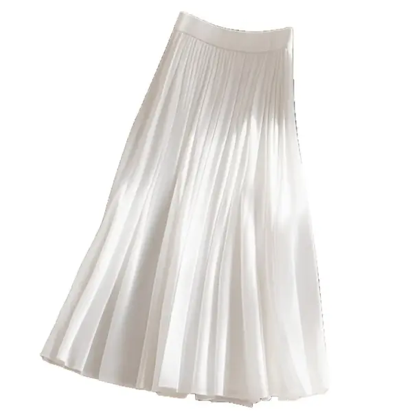 Womens High-Waisted White Pleated Fashionable Versatile Slimming Skirt