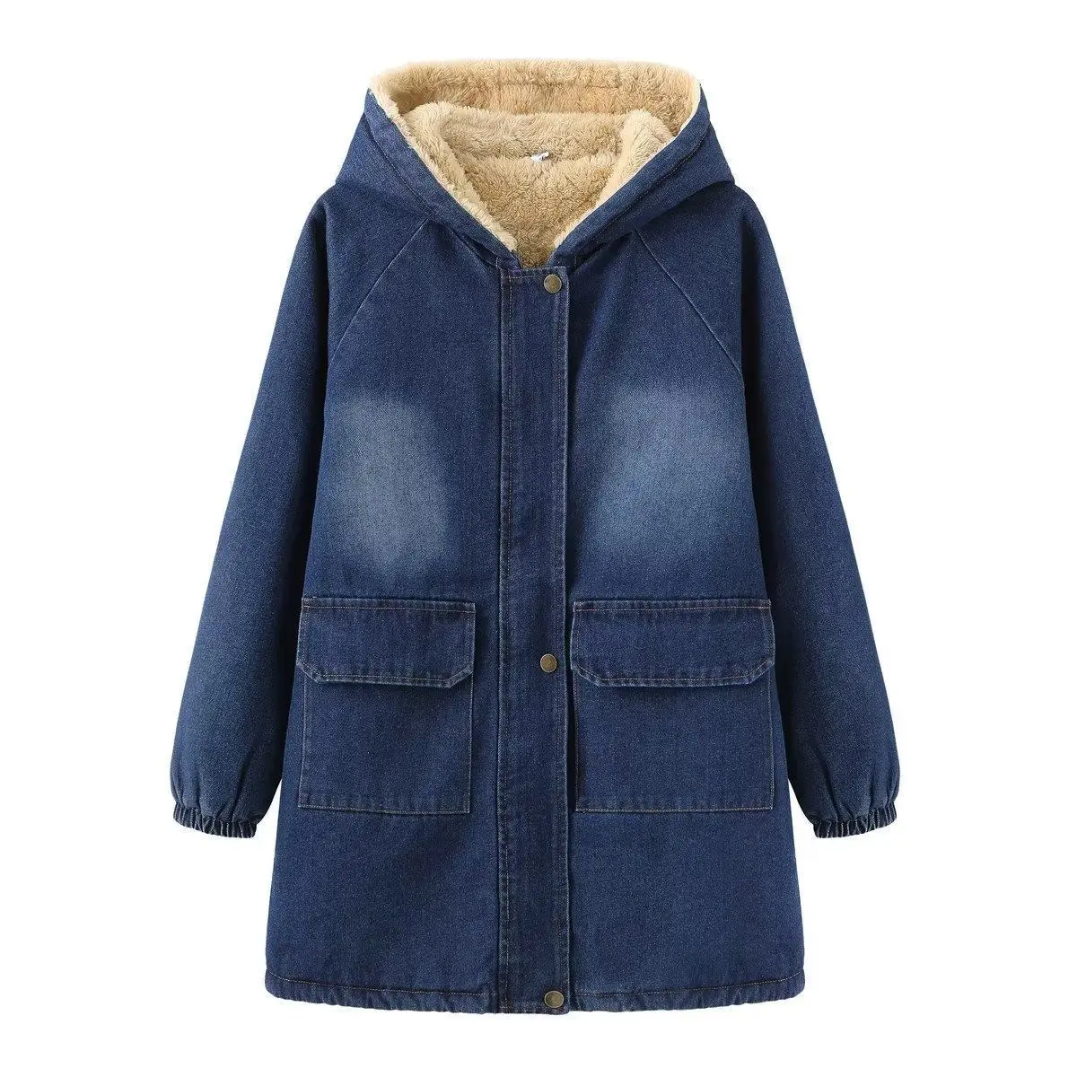 Warm Fleece-Lined Denim Padded Jacket for Women, Mid-Length Warm Fleece-Lined Denim Padded Jacket for Women, Mid-Length