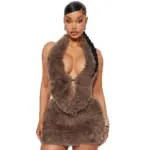 e407c49e-3ec7-44b8-bec5-8126bfed7122.webp Fuzzy Collar Brown Patchwork Skirt Set for Autumn Winter