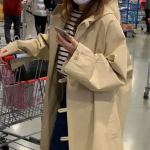 Sweet Girly Temperament Mid-length Hooded Trench Coat Women
