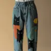 Digital-Print Blue Straight-Leg Denim Pants with 3 D Look