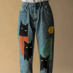 Digital-Print Blue Straight-Leg Denim Pants with 3 D Look