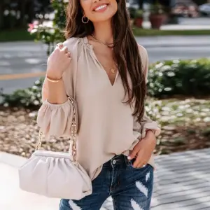 SpringAutumn V Neck Solid Color Long Sleeve Shirt