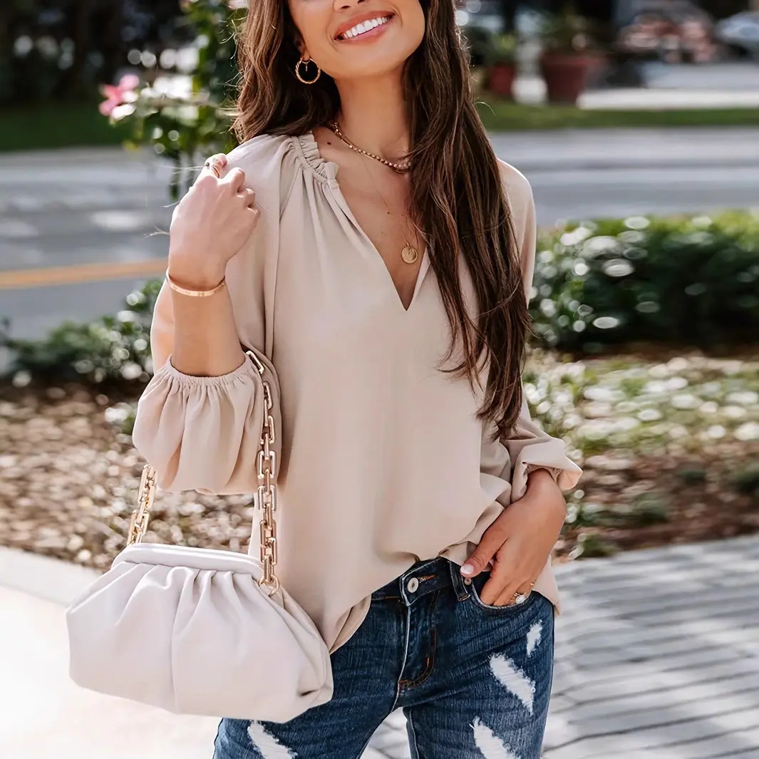 SpringAutumn V Neck Solid Color Long Sleeve Shirt SpringAutumn V Neck Solid Color Long Sleeve Shirt