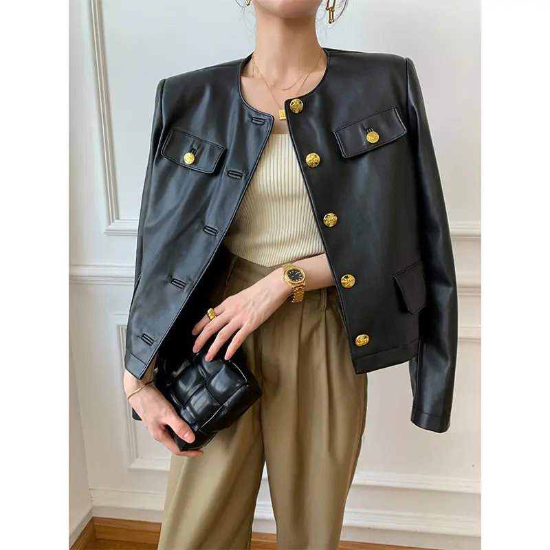 Sleek Black Faux Leather Cardigan Jacket, Round Neck Fit Sleek Black Faux Leather Cardigan Jacket, Round Neck Fit