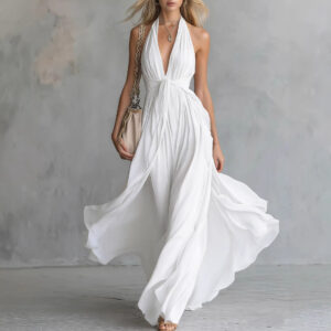 Waist-Cinching Halter V-Neck Sleeveless Dress with High Waist