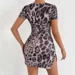 Leopard Print Short Sleeve Dress with Mid-Waist Fit
