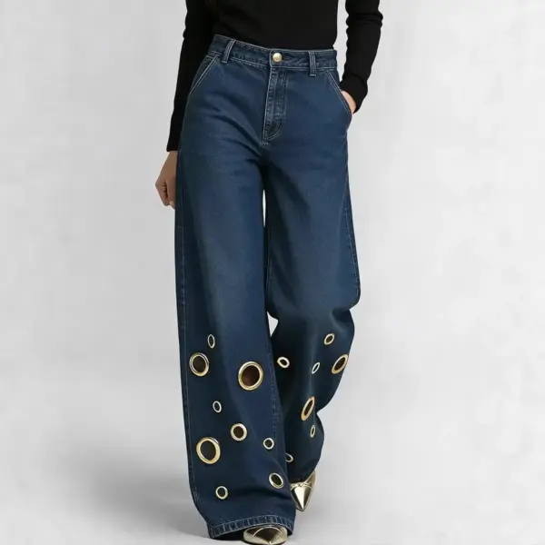 High-waisted Loose-fit Denim Jeans With Cutout Detailing And Metal Eyelets