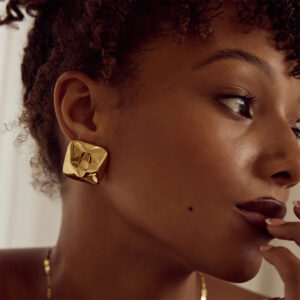 Geometric Embossed Cube Titanium Steel Earrings with Electroplate