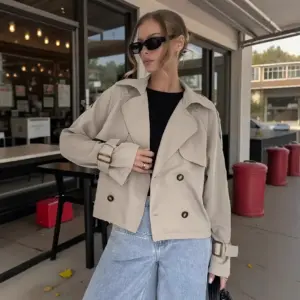 Belted Khaki Lapel Jacket with Defined Waist for Daily Wear