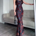 e86bc59a-9451-4fd5-92f3-d6b4f87d31d4.jpg Black Flocked Strappy Maxi Dress Slim Fit with Elastic Comfort