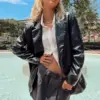 Women's Warm Leather Jacket with Peter Pan Collar - Black Women's Warm Leather Jacket with Peter Pan Collar - Black