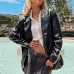 Women's Warm Leather Jacket with Peter Pan Collar - Black